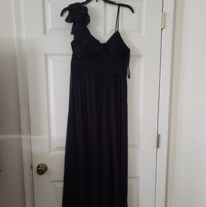 Black ruffle shoulder floor length ball gown